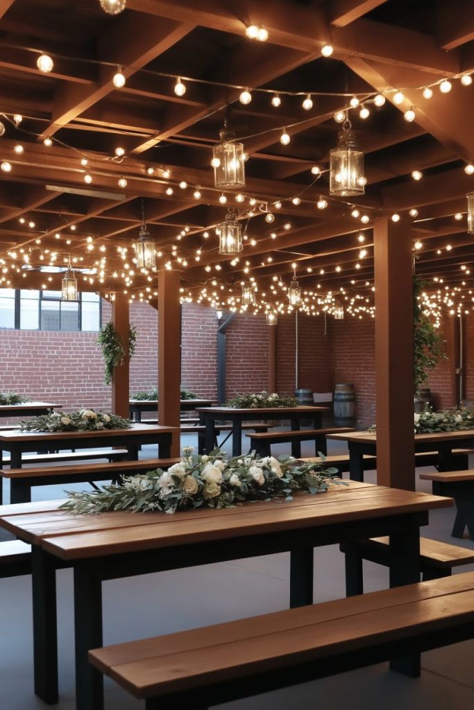 Outdoor wooden seating area with long tables decorated with flowers, under a pergola with fairy lights and hanging lanterns. Brick walls can be seen in the background.