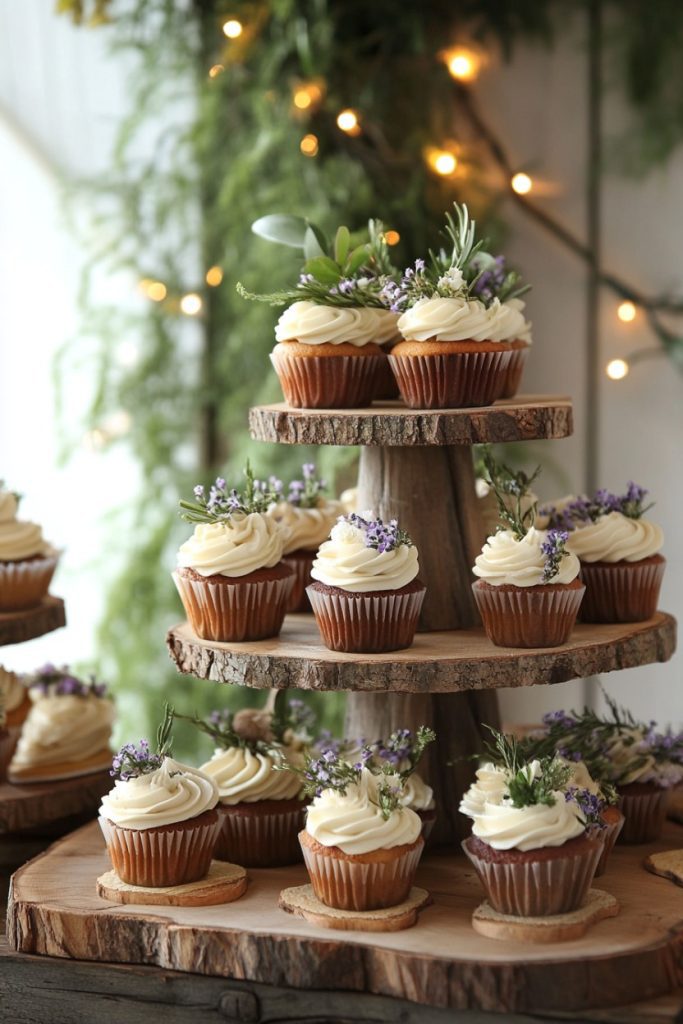 Cupcakes with white frosting and sprigs of lavender are displayed on a tiered wooden stand against a backdrop of greenery and fairy lights.