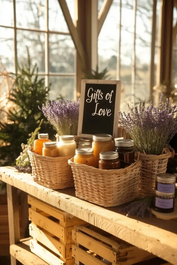 Jars of honey and spreads in woven baskets with labels "gifts of love," displayed on a wooden table with lavender sprigs in a sunlit room.