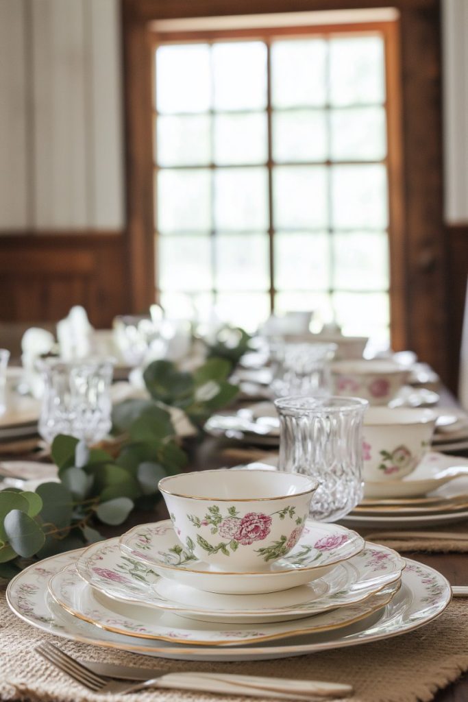 A dining table with floral porcelain, clear glass, cutlery and green plants. Soft, natural light filters through a window in the background.