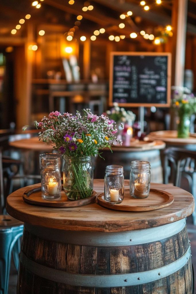 A rustic setting with a wooden barrel table, glass jars with candles, a flower vase and blurred fairy lights in the background.