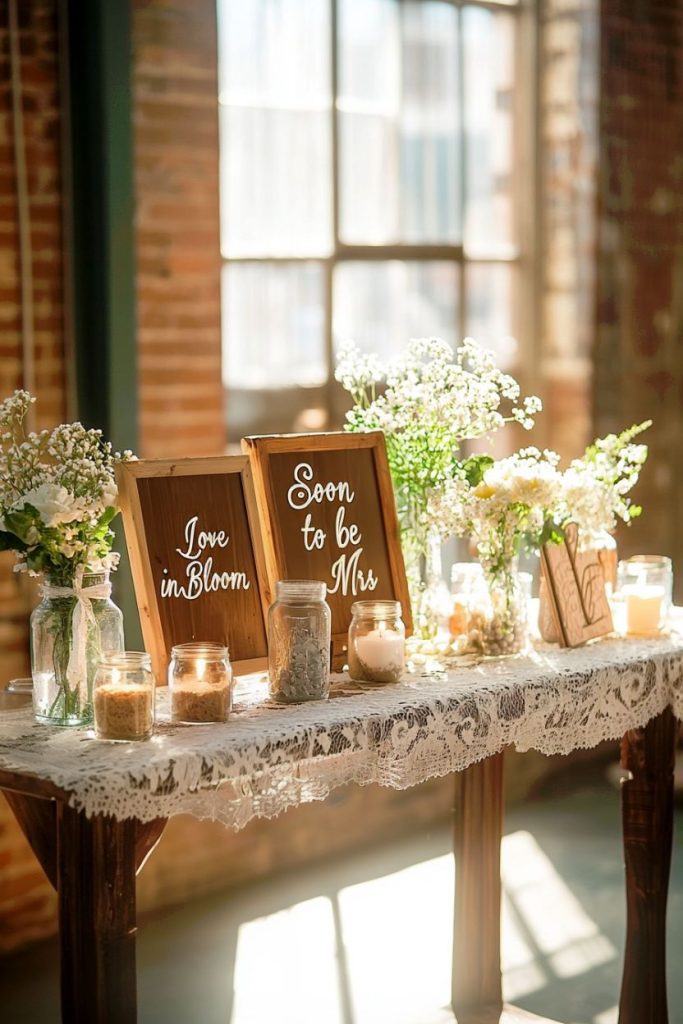 Wedding decorations on a lace-covered table with glasses and candles; Two wooden signs read: "Love in bloom" And "Soon Mrs.