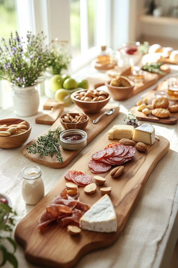 A spread of cheese, salami, nuts, bread and jam sits on a wooden table, along with pots of herbs and apples near a bright window.