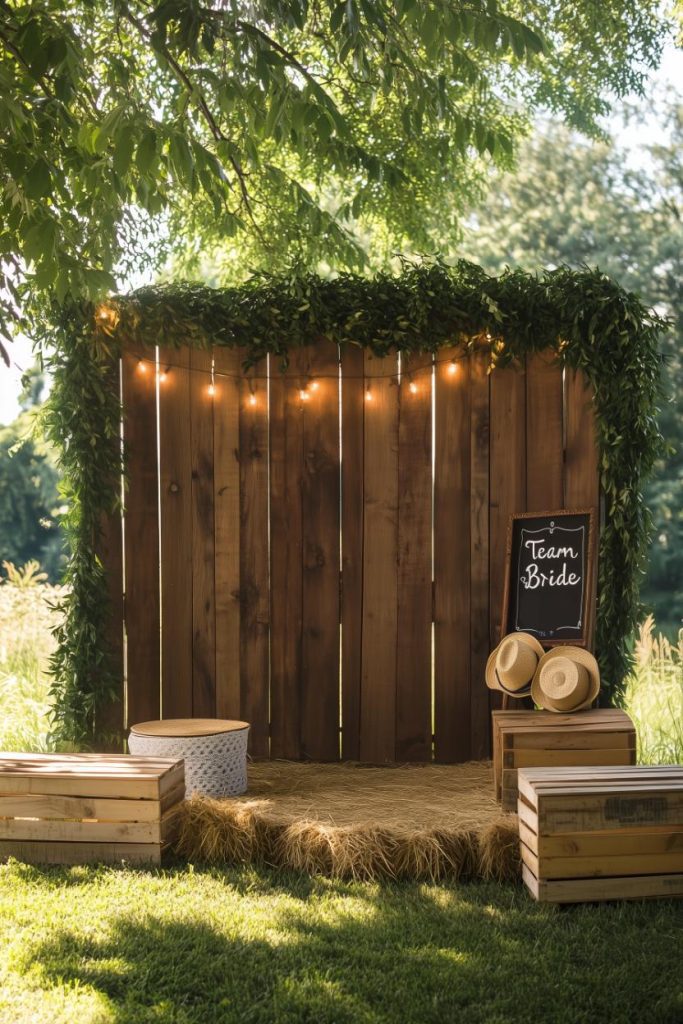 Wooden backdrop with green plants and fairy lights, surrounded by wooden boxes, straw, etc "Team bride" Shield with hats.