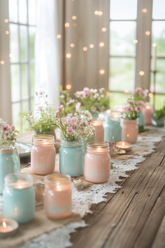 A rustic table with burning candles in pastel colored glasses and small flower arrangements. Soft lights hang in the background and natural light streams in through large windows.