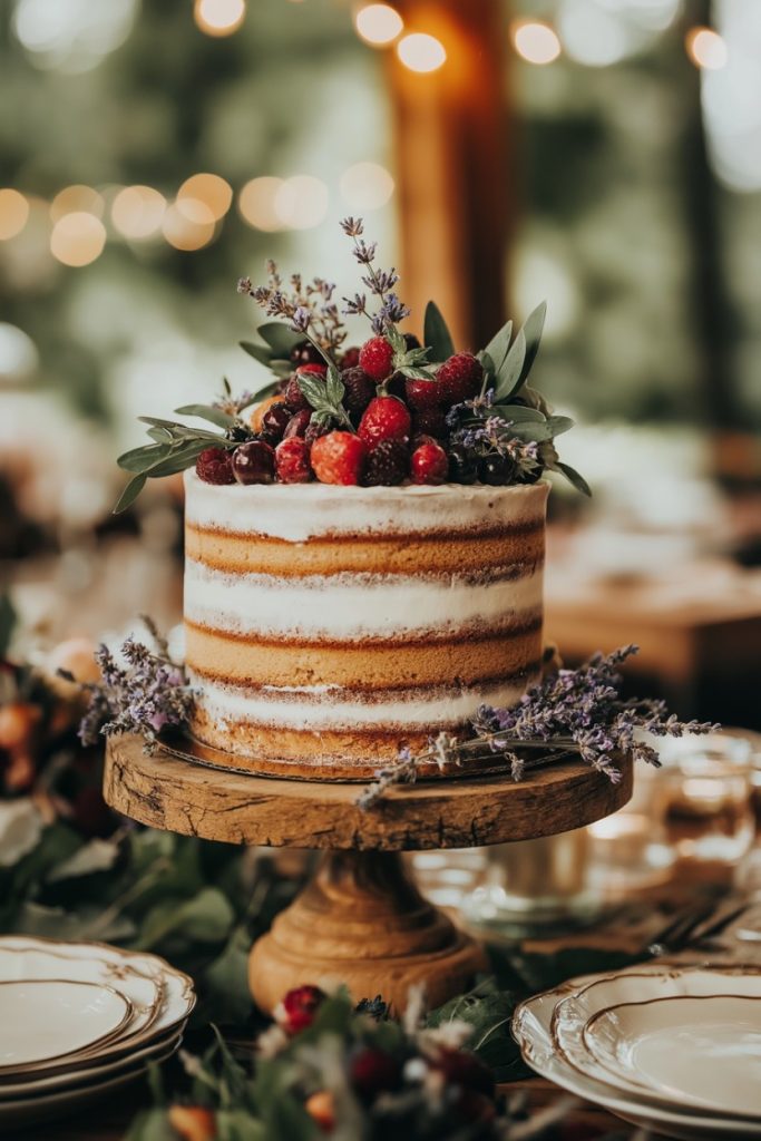 A rustic naked cake with berries and greens sits on a wooden stand surrounded by foliage and plates in a warmly lit setting.