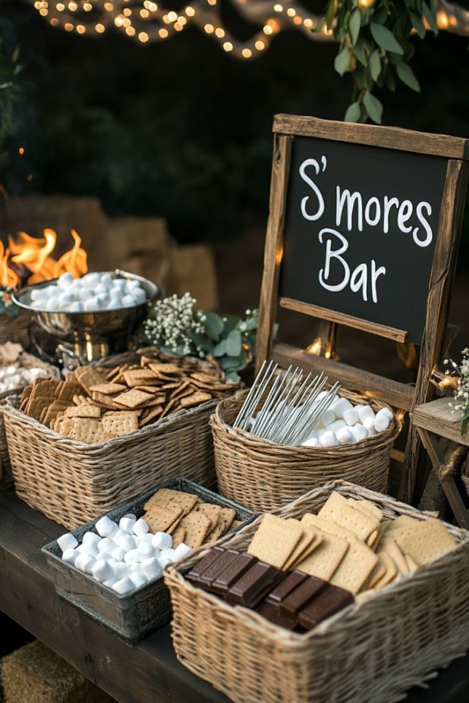 A s'mores bar with baskets full of marshmallows, graham crackers, candy bars and skewers against a backdrop of fairy lights.