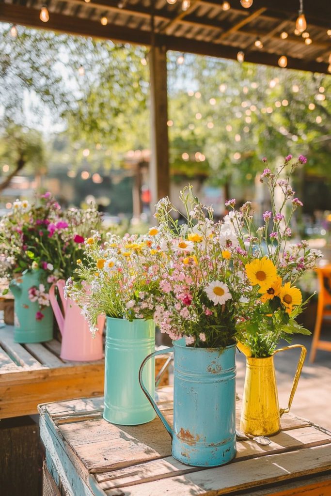 Colorful flowers in pastel watering cans on wooden tables under fairy lights outdoors.