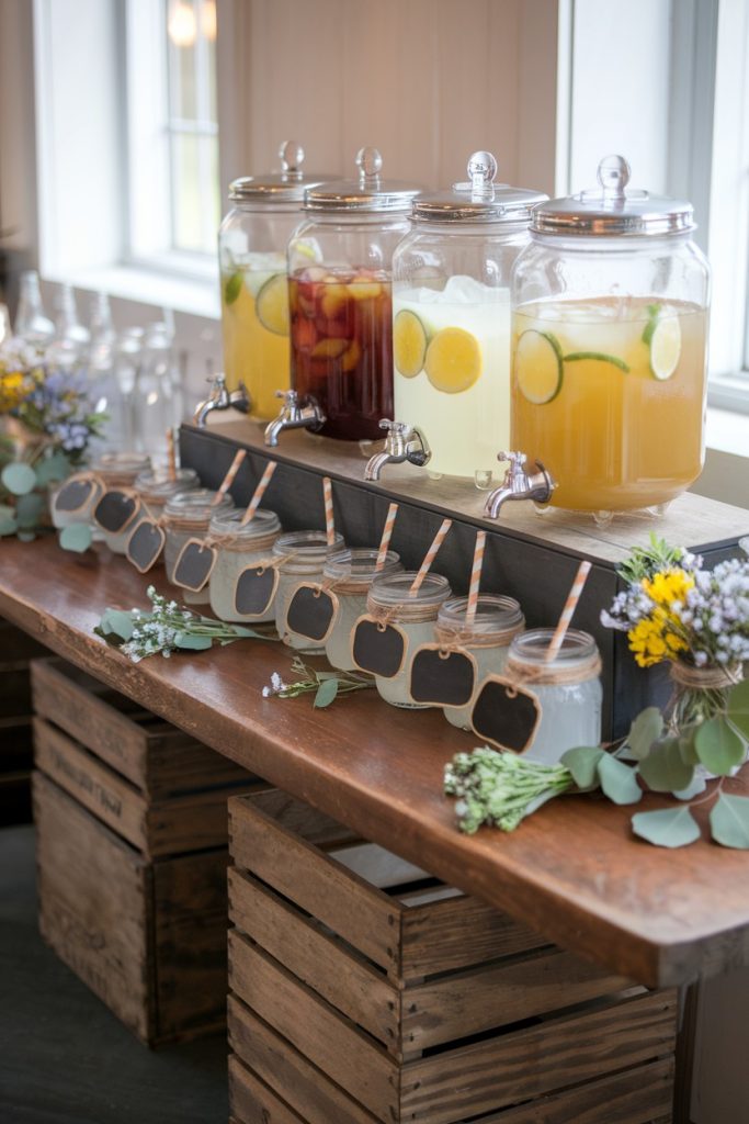 There are three drink dispensers filled with drinks and fruits on a wooden table. Empty mason jars with chalkboard labels and straws are arranged underneath, surrounded by small bouquets of flowers.