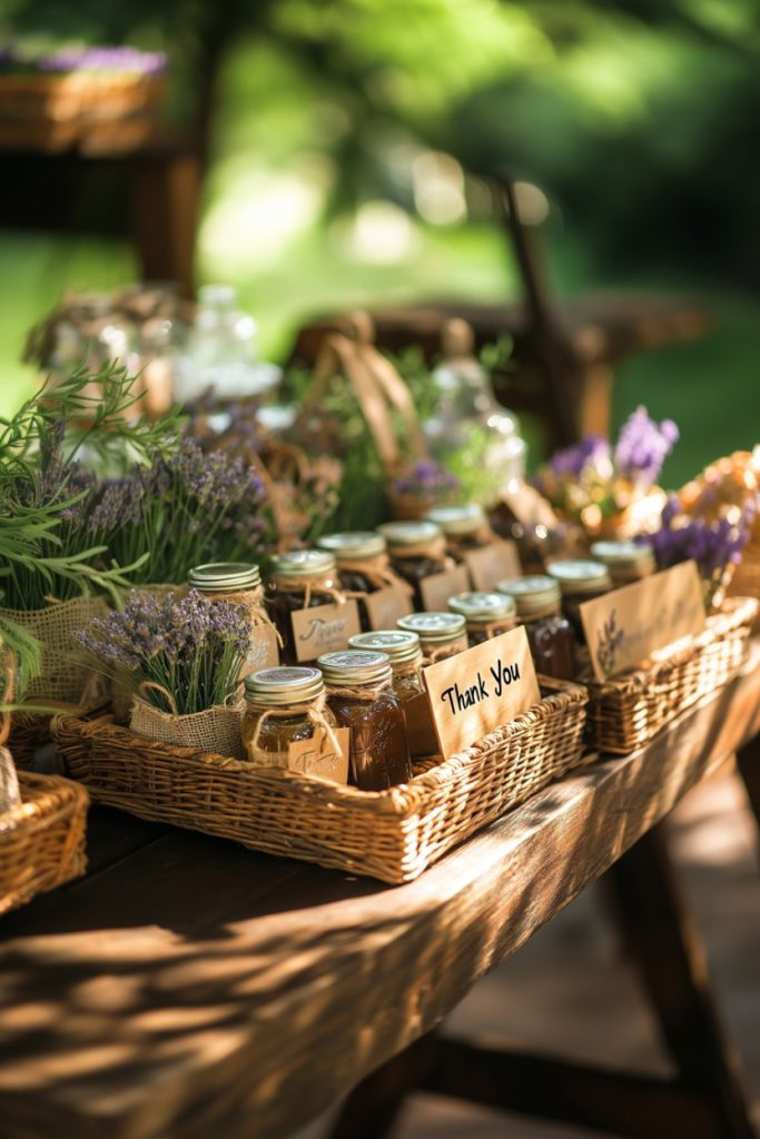 Wicker baskets on a wooden table contain jars of honey, small plants and lavender stems. A card says: "Thank you very much." The scene is outdoors with blurred greenery in the background.