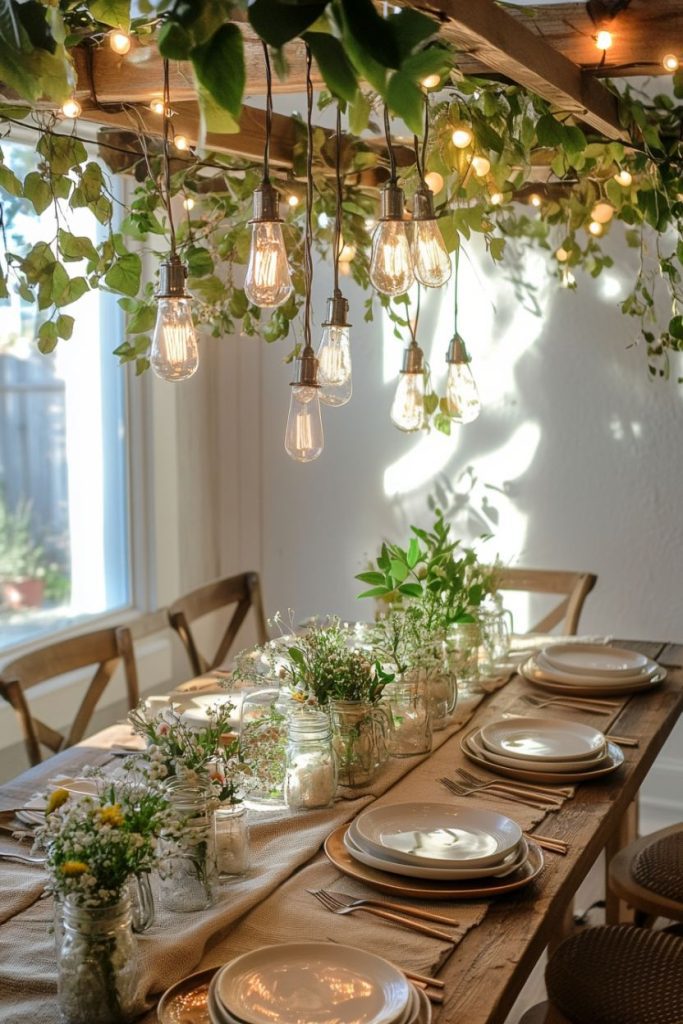 A rustic dining table set for a meal, decorated with white plates, napkins and floral glasses. A wooden ladder chandelier and the surrounding greenery enhance the ambience.