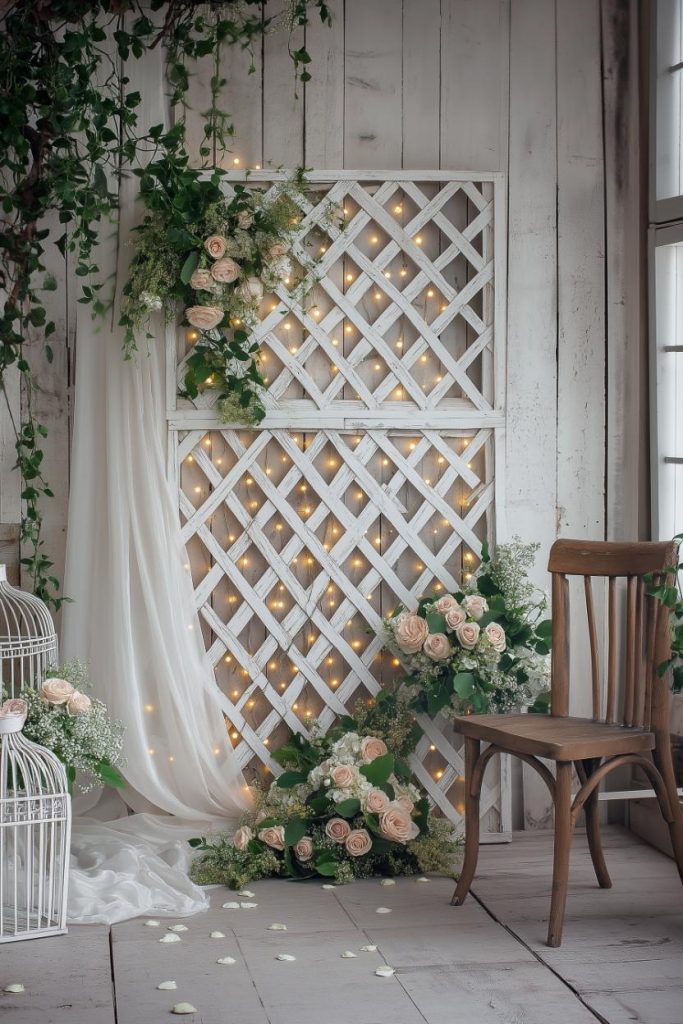 Floral arrangement with pink roses and greenery on a white trellis background, draped with sheer fabric and fairy lights. Next to it are a wooden chair and a white birdcage.