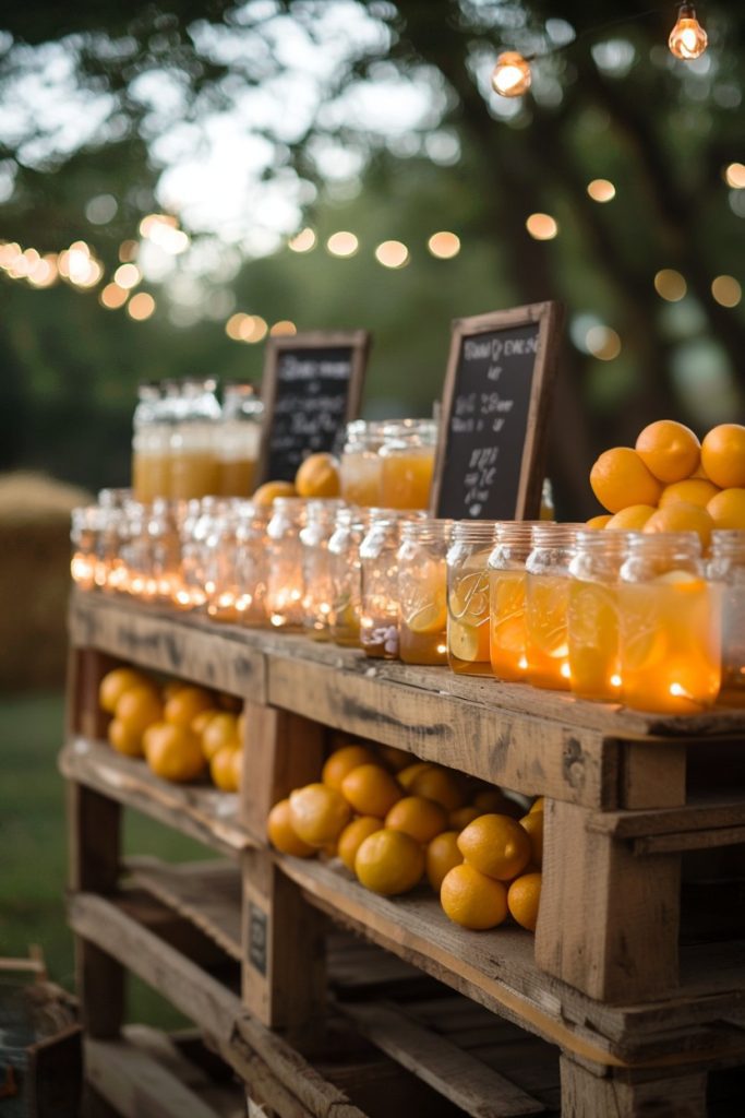 A rustic outdoor setting with lemonade and orange glasses on wooden shelves, blackboards with chalk writing and fairy lights on the ceiling.