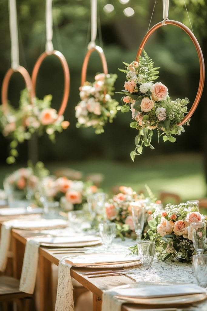 Long table set for an outdoor event with floral arrangements of pink and white flowers and circular floral decorations hanging above.