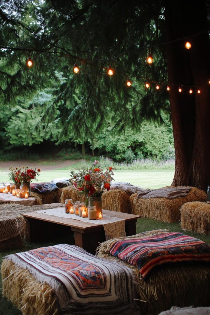 Outdoor seating area with blanket-covered hay bale benches, a wooden table with flowers and candles and fairy lights under trees.