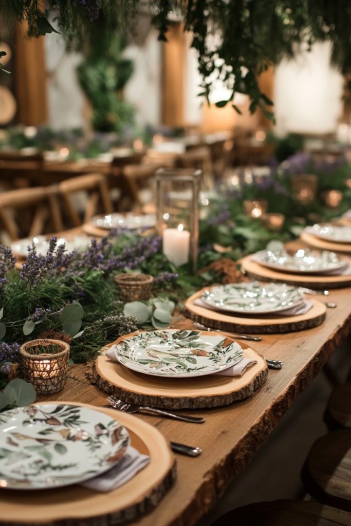 A rustic table setting with botanical plates, wooden chargers, cutlery and candles. Green and purple flowers serve as the centerpiece of the decoration.