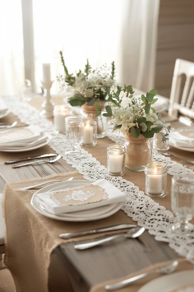 A dining table is elegantly set with white plates, cutlery, lace runners, candles and floral centerpieces, creating a rustic and cozy atmosphere.