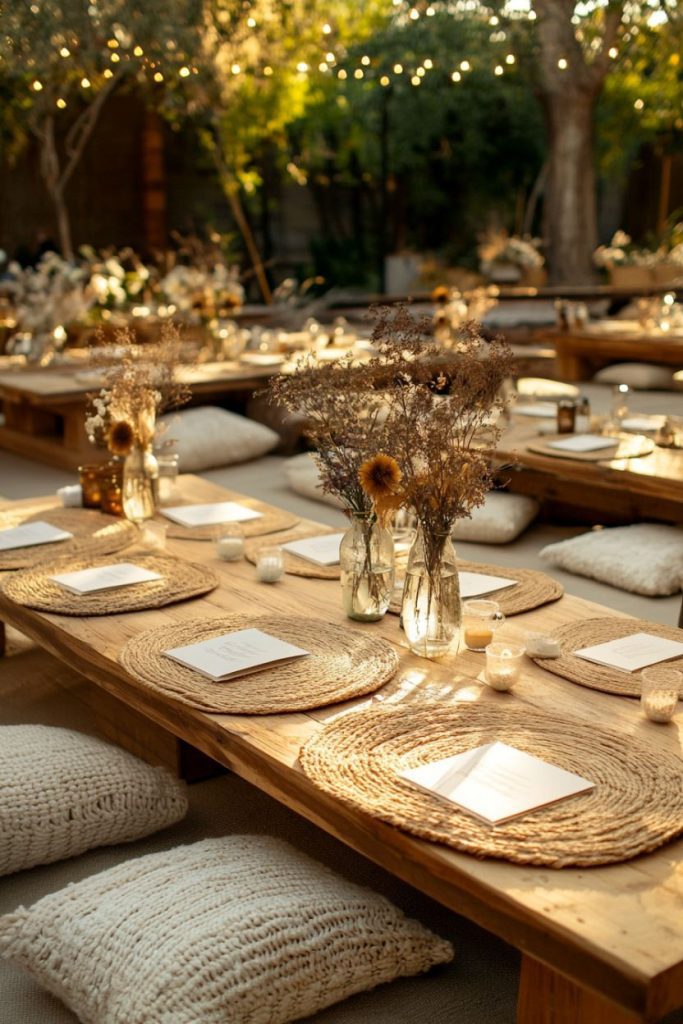 A rustic outdoor table setting with woven placemats, jars of dried flowers and candles. Cushions are placed on the floor for seating. String lights hang above it.