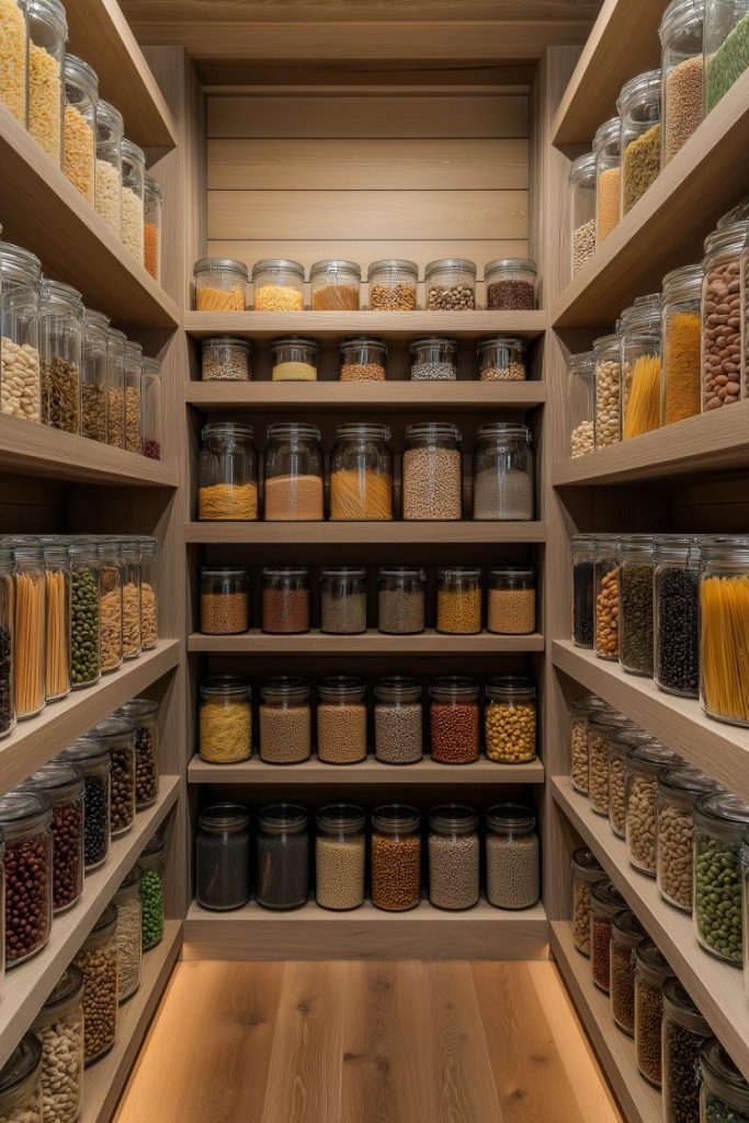 Wooden pantry with shelves full of jars of various grains, pasta and legumes, neatly organized.