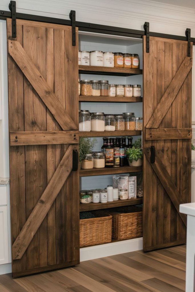 A pantry with sliding wooden doors that open reveals shelves filled with jars, baskets and <a href=