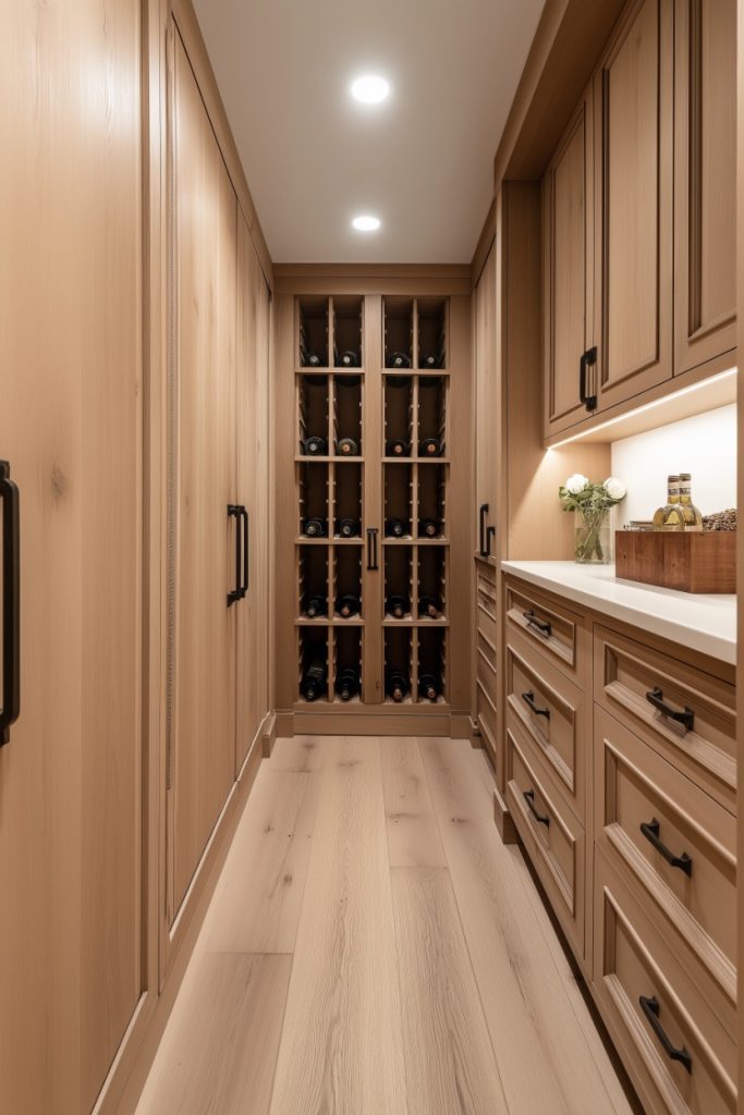 Wooden wine cellar with floor-to-ceiling storage, wine bottles and a countertop to the right with cabinet drawers and decorative items.