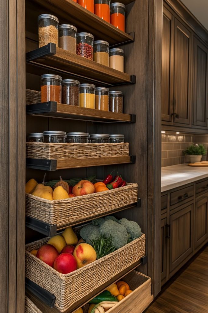 A well-organized pantry with jars of spices and grains on the top shelves and baskets of fruits and vegetables underneath, housed in a wooden cabinet.