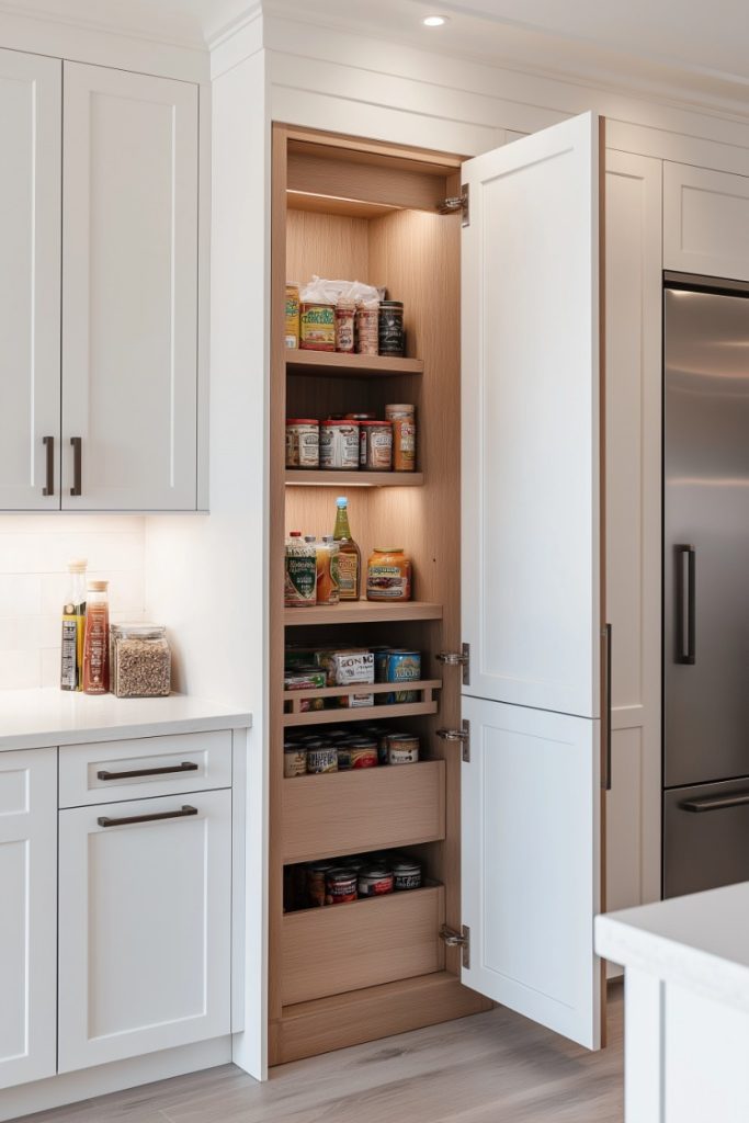 Open pantry with shelves filled with canned goods, spices and various foods in a modern kitchen. White cabinets surround the pantry.