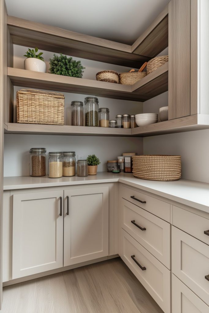 A pantry with wooden shelves holding jars of dry goods, baskets, bowls and potted plants. The cupboards underneath offer additional storage space.