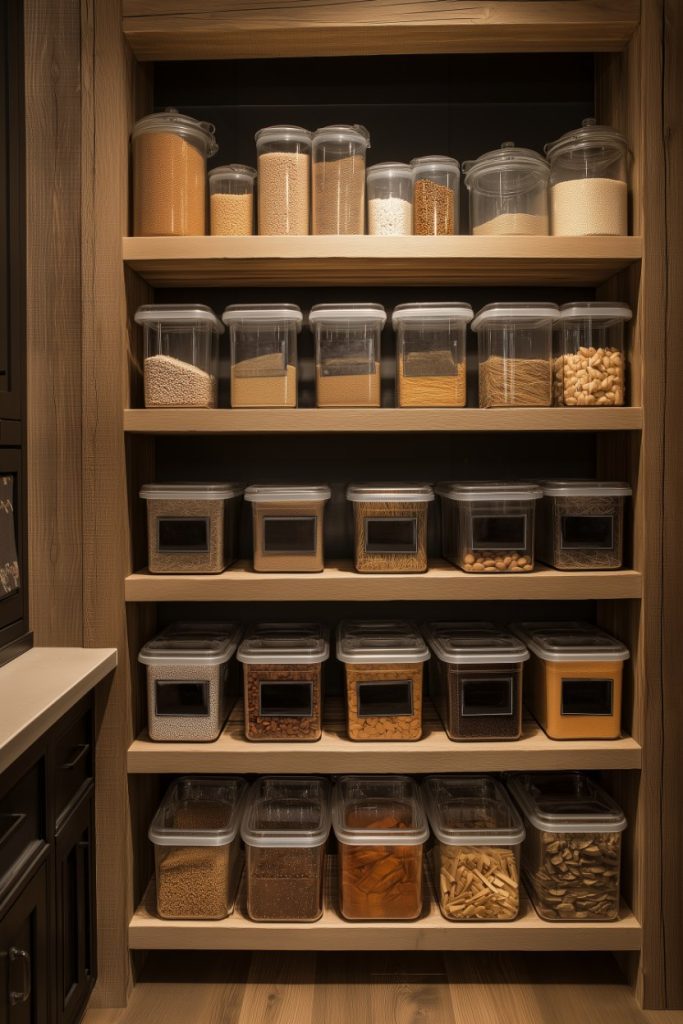 A pantry with wooden shelves storing clear containers of various dry goods such as grains, pasta and nuts.