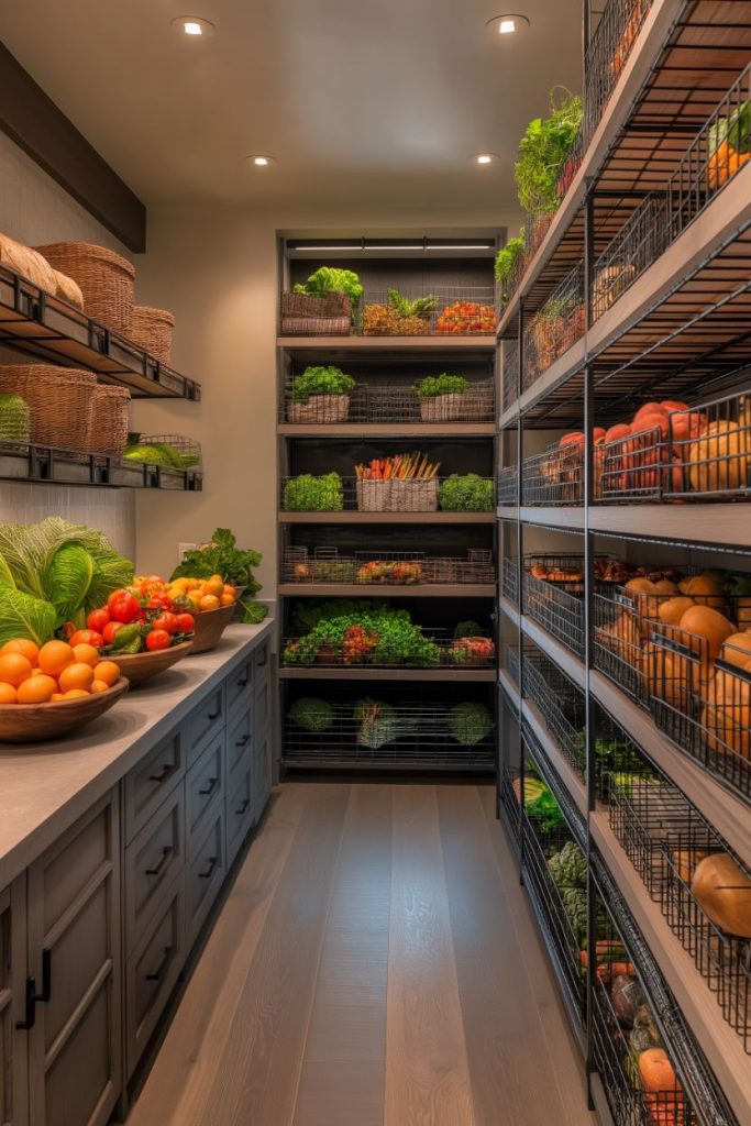 A pantry with organized shelves of fresh fruits and vegetables, including oranges, tomatoes, carrots and leafy greens, in baskets and bowls.