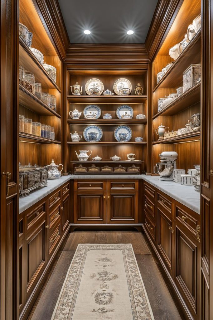 A wooden pantry with shelves displaying fine china and glassware and a stand mixer on the counter.