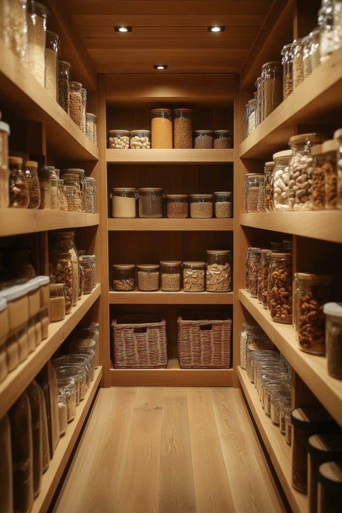 A well-organized wooden pantry with shelves holding jars of grains, nuts and pasta. There are two woven baskets on the bottom shelf. Ambient lighting brightens the room.