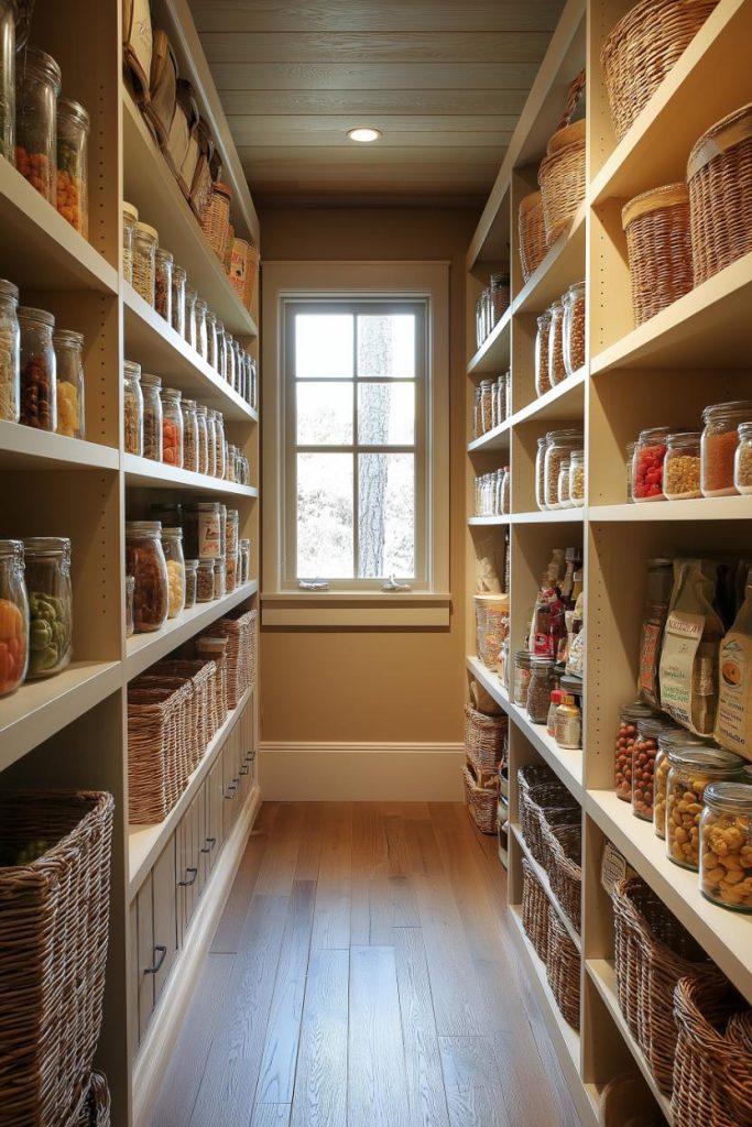 A well-organized pantry with shelves full of jars of food, wicker baskets and various containers, illuminated by natural light from a small window.