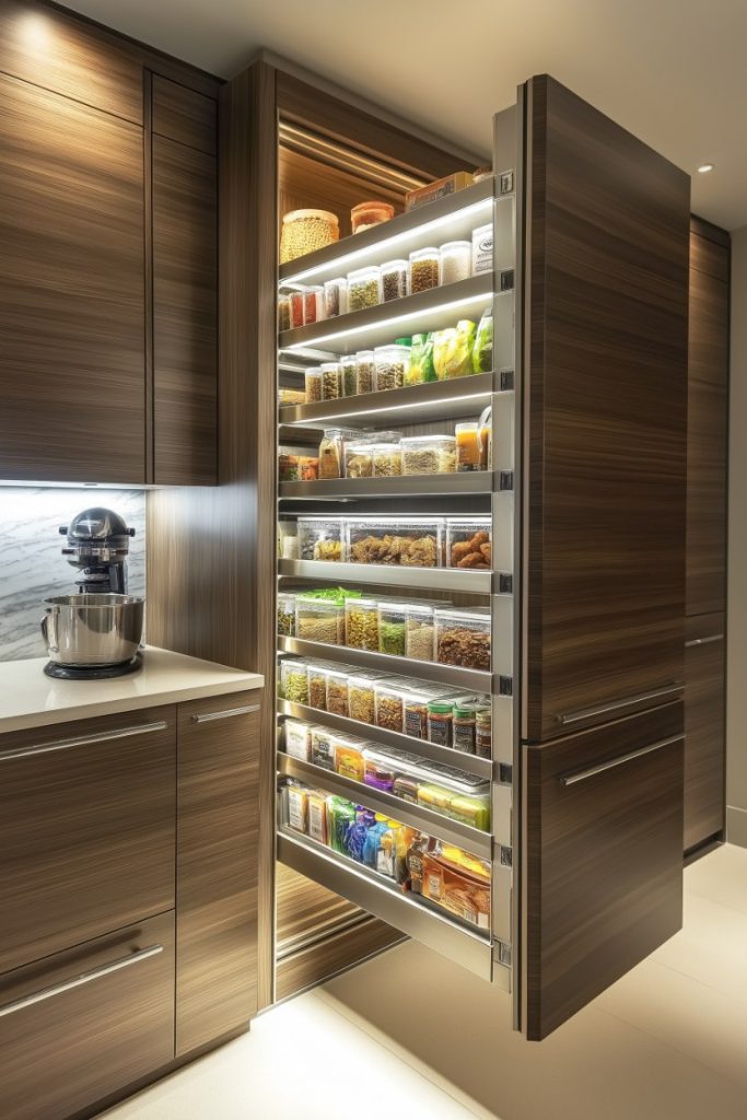 A well-organized, fully equipped pantry with pull-out shelves and various jars, containers and bottles in a modern kitchen setting.