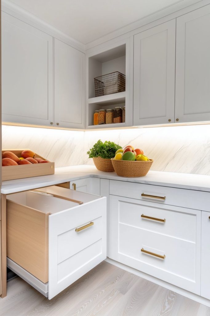 A modern kitchen with white cabinets, open drawers and a countertop with baskets of fresh produce including fruits and vegetables. Marble back wall and under cabinet lighting ensure elegance.