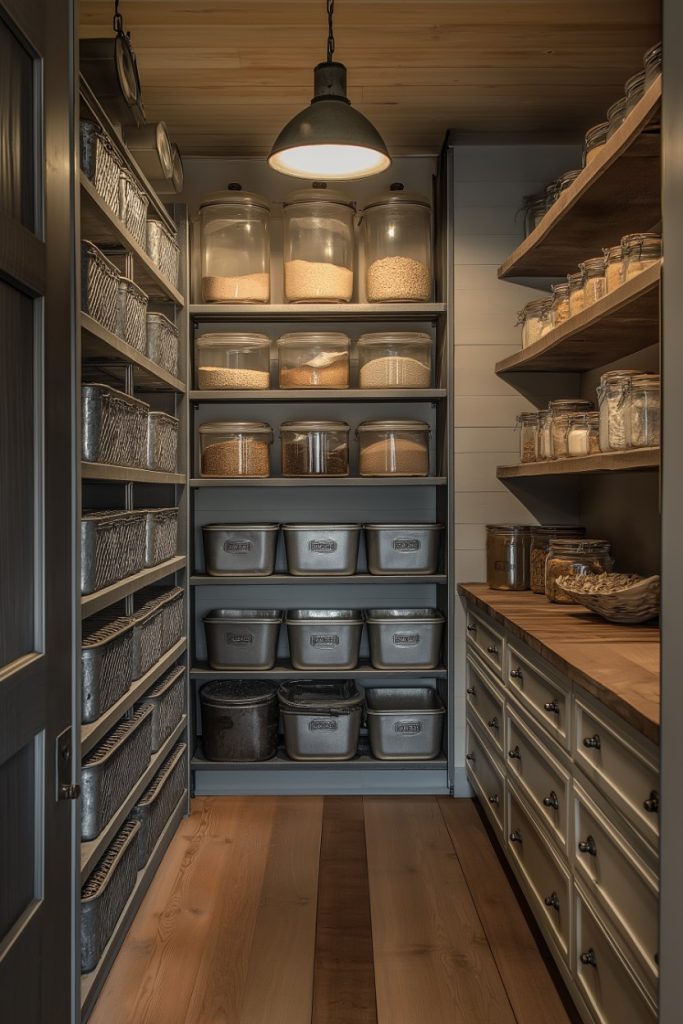 A neatly organized pantry with shelves holding clear containers of grains, labeled containers, metal baskets and jars. A single ceiling light illuminates the wooden floor and countertops.