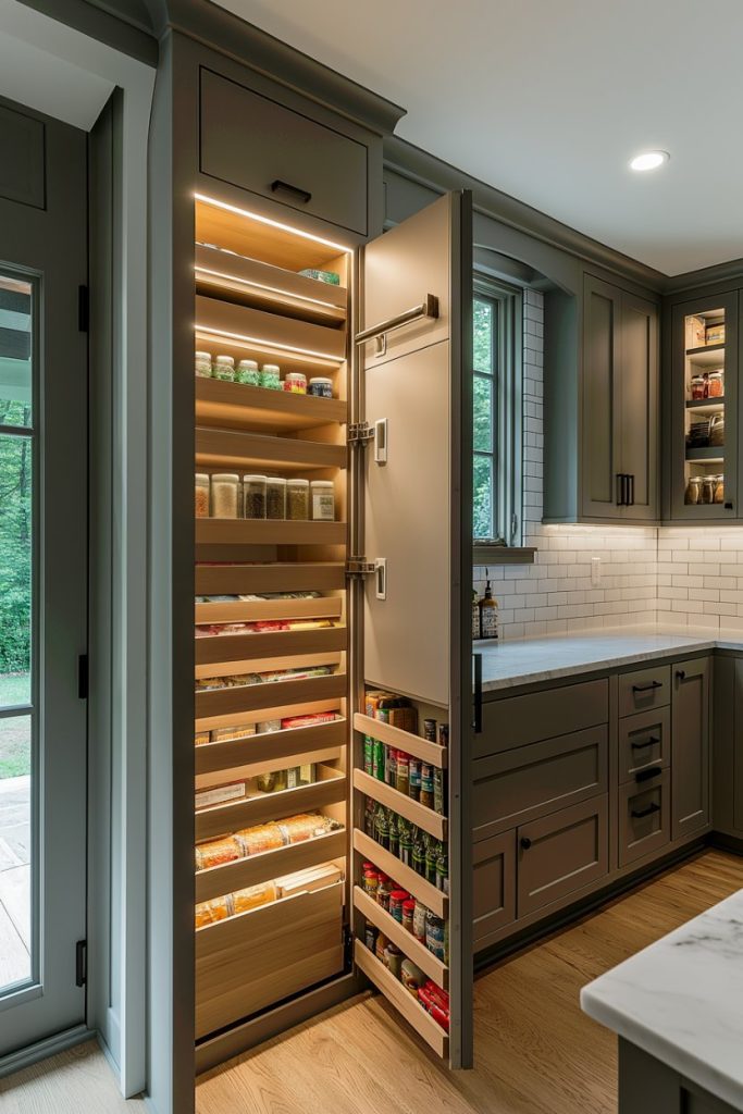 A kitchen with a tall, open pantry where spices and food are neatly displayed. Gray cabinets and a marble countertop are visible, with natural light coming in from a window.