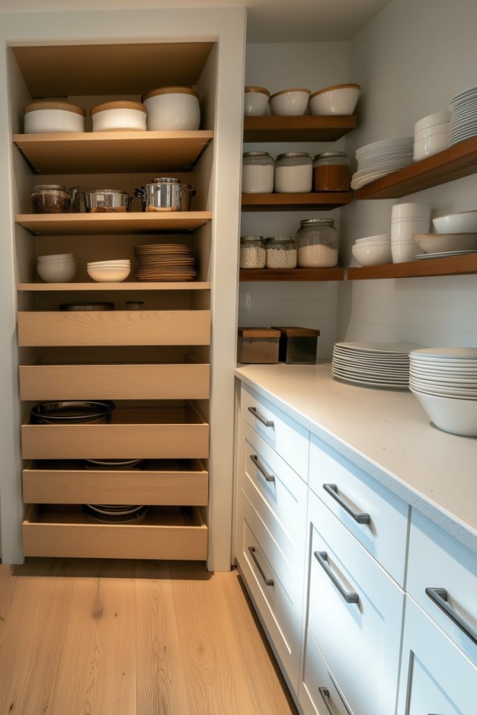 A neatly organized pantry with wooden shelves, white cabinets and drawers. It holds bowls, pots and containers on shelves and countertops. Light wooden floor is visible.