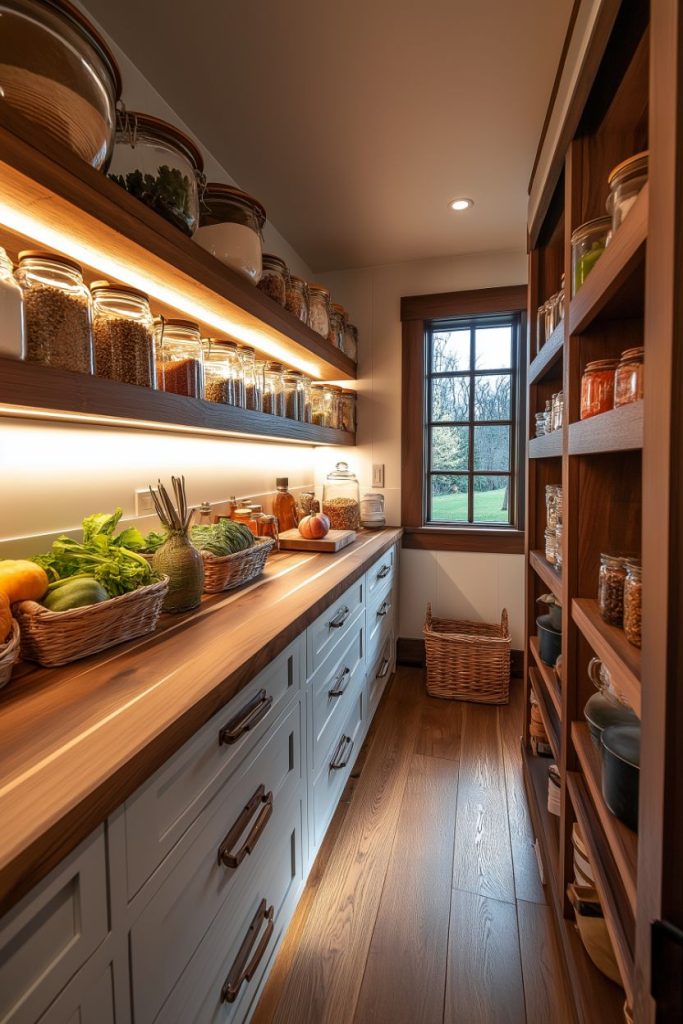 A well-organized pantry with wooden shelves filled with jars, baskets of fruits and vegetables, and a window that lets in natural light.