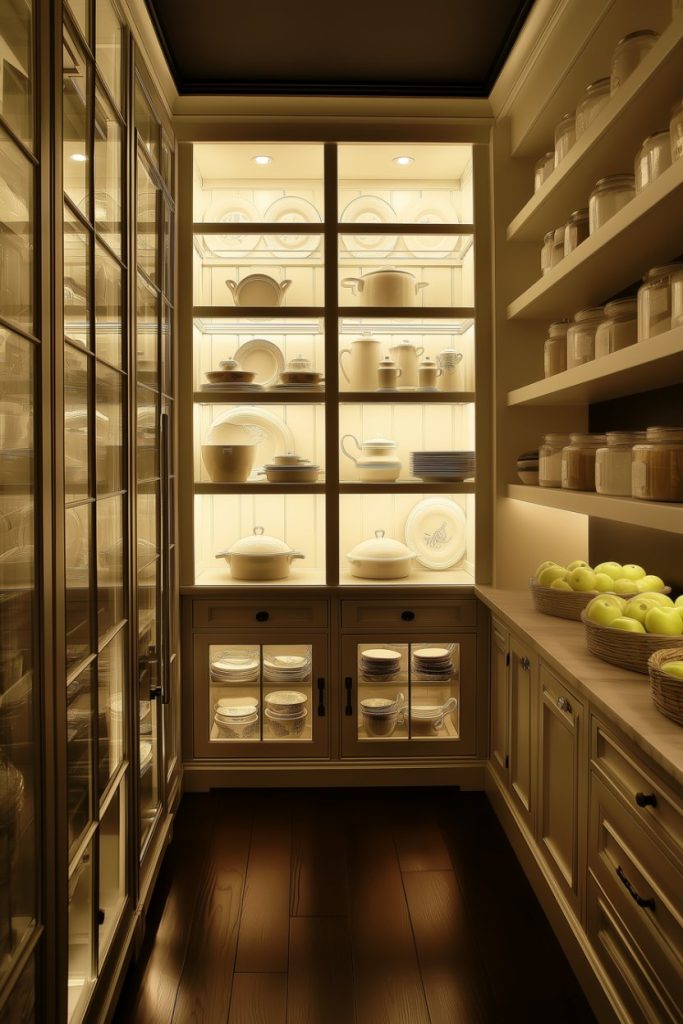 A well-lit pantry with wooden shelves holding various jars and baskets of green apples. White dishes are displayed in the cabinets and the hardwood floors add warmth to the space.