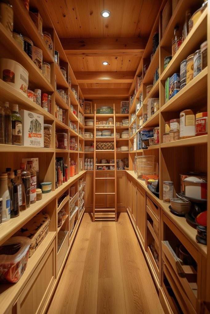 A well-organized pantry with wooden shelves filled with various foods, jars and cans. The room is well lit by recessed ceiling lights.