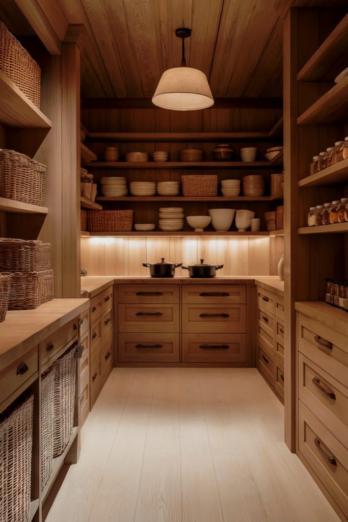 A wooden pantry with shelves and drawers where baskets, jars and pots are neatly organized. Warm lighting and a hanging lamp brighten the room.