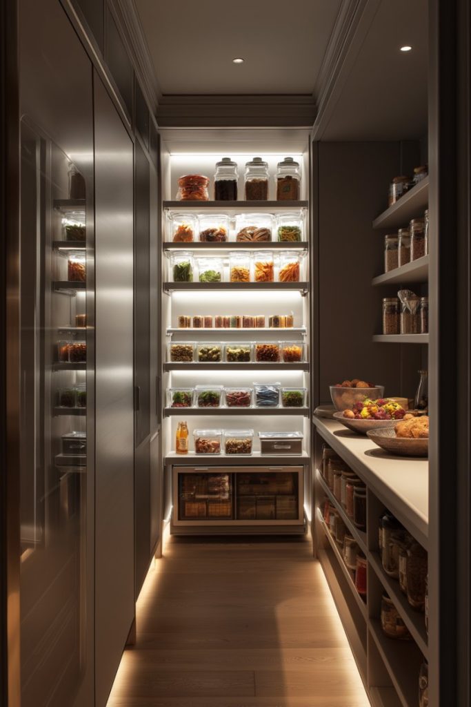 A well-organized pantry with lighted shelves to store jars of dry goods, cereal, and snacks. There are baskets of fruit and bread at the counters. Wooden floors add warmth to the room.