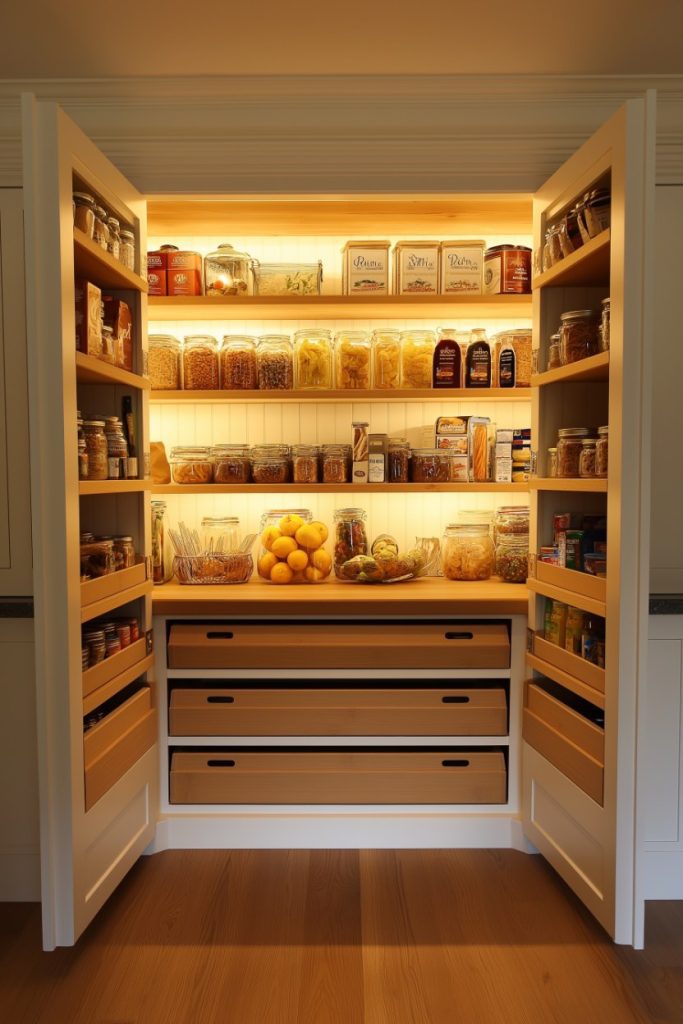 A well-organized pantry with open doors displaying jars, containers, and cans on shelves. Lemons and fruit are in bowls on the counter.