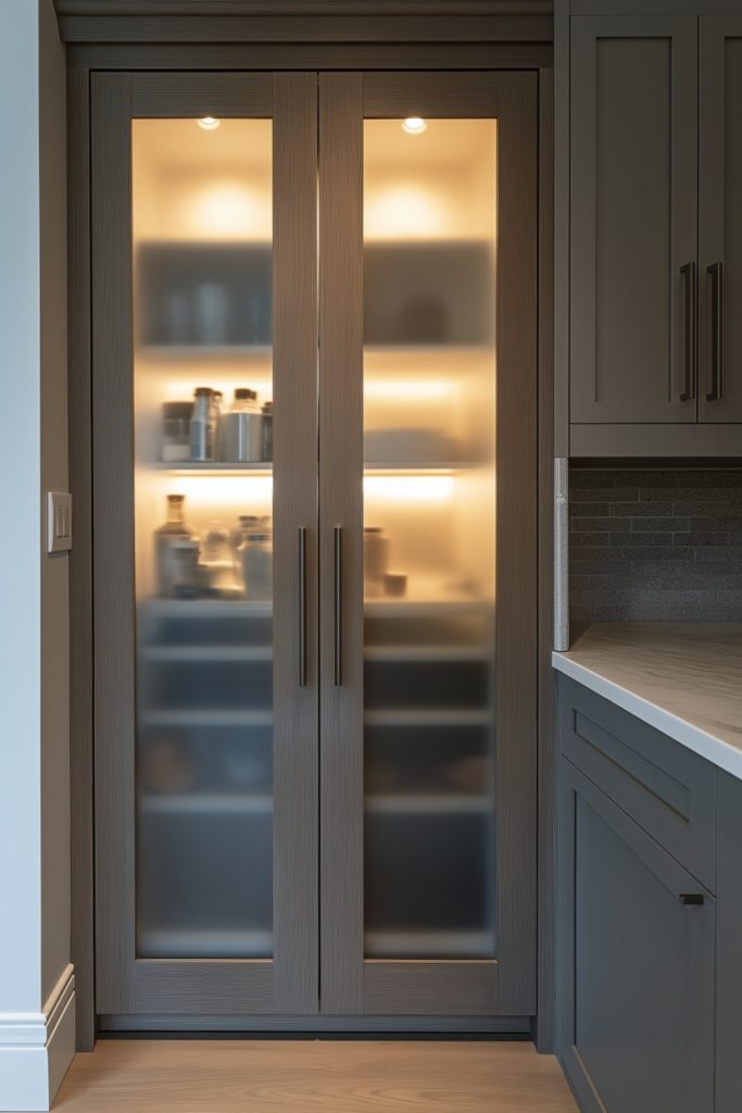 A tall kitchen cabinet with frosted glass doors, softly lit from within. Various jars and containers are displayed on the shelves.