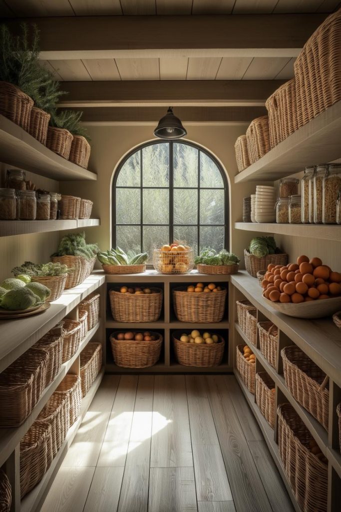 A pantry with wooden shelves filled with baskets of fruits, vegetables and mason jars. A large window lets in natural light.