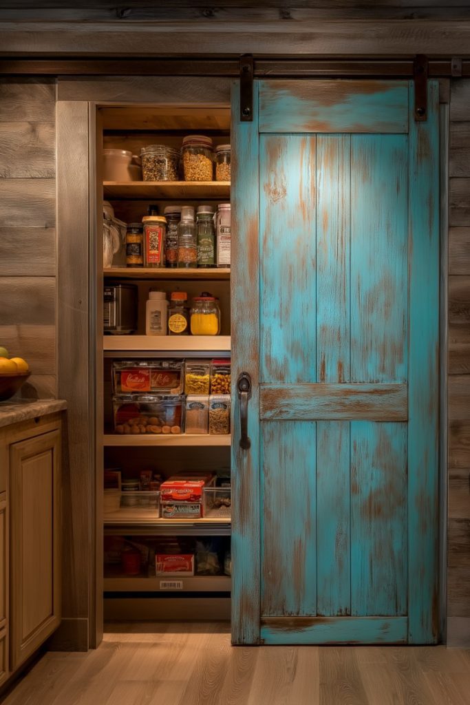 A rustic pantry with a turquoise sliding door reveals shelves full of jars, containers and canned goods.