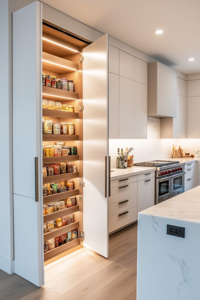 Tall, open pantry full of jars and containers in a modern kitchen with white cabinets, a stove and a marble countertop.