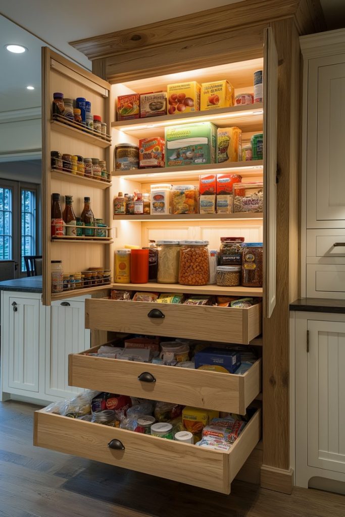 Open pantry with shelves and drawers for various foods including cans, jars and boxes. Bright lighting illuminates the contents.