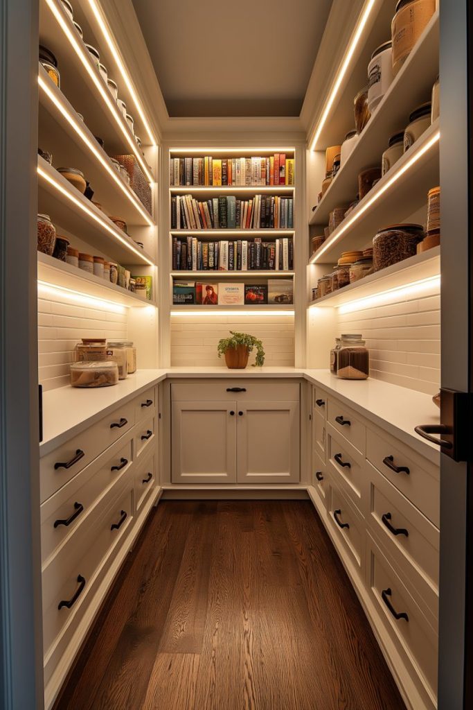 A well-organized pantry with wooden shelves, jars of ingredients, cookbooks and warm lighting. There is a small plant on the counter.